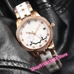 Fashion New Women geometric flower Watches High Quality Automatic Mechanical watch Lady Stainless Steel Ceramic clock 35mm