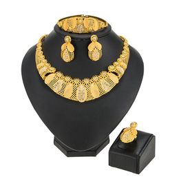 dubai gold pendants UK - Earrings & Necklace Exquisite Dubai Gold Plated Jewelry Sets African Bridal Wedding Gifts Collares Pendant Ring Bracelet Set