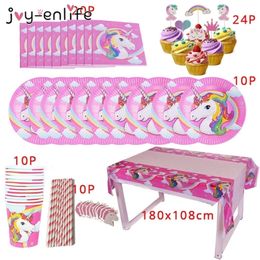 75pcs Birthday Party Decoration Pink Unicorn Horse Tableware Sets Kids First 1st Birthday Decoration Baby Shower Party Supplies Y201006