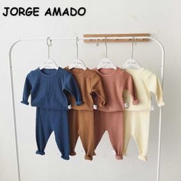 Spring Baby Pyjamas Knitting Waffle Long Sleeve Cotton Homewear Girl Boy Oufits Clothes E2419 210610