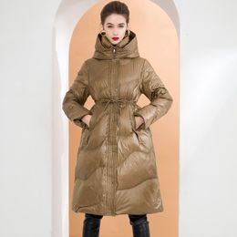 Women's White Duck Down Coat Long Sleeves Lace Up Waist Winter Thick Parkas Oversize Overcoat Warm Outerwear