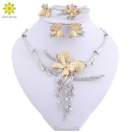 Nigerian Wedding African Costume Jewelry Set African Bridal Wedding Silver Plated Necklace Earrings Bracelet Ring Set for Women H1022