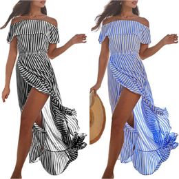 Maxi Dresses Womens Off Shoulder Summer Dress Striped Irregular Split Holiday Long Dress X0521