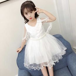 Hot Girls Summer Pearls Princess Vest Dress Children's Shawl Embroidered Dance Dresses Kids Bow Lace Gauze Wedding Dresses X438 Q0716