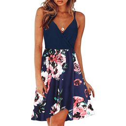Casual Dresses Floral Dress Women's V-Neck Print Strap Summer Swing With Ruffle Clothing Vestido De Mujer