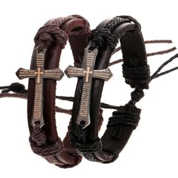 4 Styles Cross Bible Believe Charm Braided Bracelet Urban Jewelry Handmade Black Genuine Leather Adjustable Wristband retro