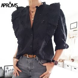 Aproms White Black Lace Embroidery Blouse Women Elegant Half Sleeve Ruffle Hollow Out Shirt Fashion Office Ladies Top Blusa 210225