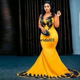 Sexy Mermaid Yellow Prom Dresses with Black Applique Strapless Party Dress for Women Cocktail Gowns vestidos de graduación