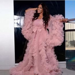 Illusion Ruffles Tulle Pink Long Sleeve Women Evening Dress Jackets Winter Sexy Pregnant Party Sleepwear Bathrobe Sheer Nightgown Robes Shawl