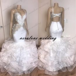 2021 Branco Organza Ruffles vestidos de baile com applique lace espaguete cintas sereia vestidos de noite plus size vestidos de festa