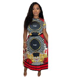 Fashion Women's Dress Retro Palace Style Rich Print Dresses Trend Tight Under The Body Wide Short Sleeves And Ankl
