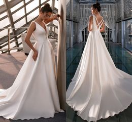 Sexy Simple Satin Wedding Dress 2021 Sleeveless V Neck A Line Back Criss Cross New Bridal Gown Vestido De Noiva Robe Mariee