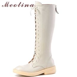 Meotina Autumn Knee High Boots Women Natural Genuine Leather Flat Long Boots Real Leather Zipper Shoes Female Winter Size 34-39 210608