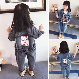 2020 New Spring Autumn Kids Baby Clothes 2pcs Denim Jackets+Jeans Girls Clothing Sets Pockets Print Boys Denim Suits X0902