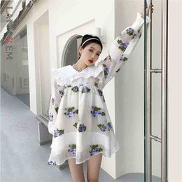 Women Ruffled White Print Mini Dress Turn-down Collar Long Sleeve Loose Fit Fashion Spring Autumn 2E1636 210526
