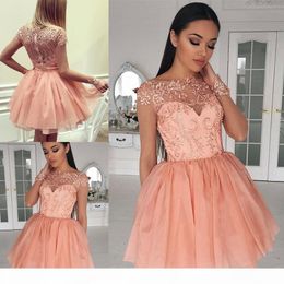 Prom Light Coral Dresses Long Sleeves Lace Applique Beaded Crystals Bateau Neckline 2021 Tulle A Line Above Knee Length Tail Party Gown bove