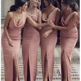 2022 Mermaid Bridesmaid Dresses V Neck Straps Floor Length Chiffon Side Slit Custom Made Maid Of Honour Gown Beach Wedding Vestidos Formal Ocn Wear 403 403