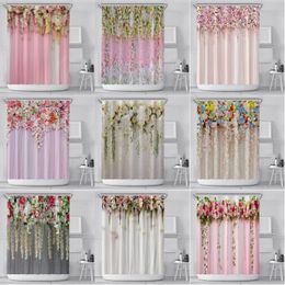 Flower Shower Curtain Hanging Flower Printed Polyester Fabric Bathroom Curtain with Plastic Hook Spring Festival Wedding Bathroom Decor