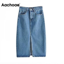 Aachoae Sexy Denim Skirts Women Fashion Split Mid Calf Length Skirts Vintage Pocket Blue Saia Ladies High Waist Midi Skirt 210303