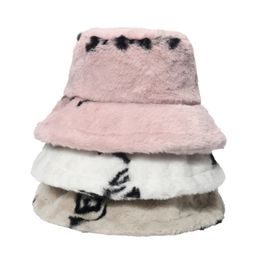 Women Winter Thicken Fluffy Plush Fisherman Cap Letter Printed Solid Colour Wide Brim Sun Hat Bucket