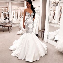 Strapless Mermaid Wedding Dresses with Silver Appliques Sweep Train Sweetheart Lace-up Back Satin Bridal Gowns