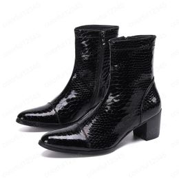 Men's Black Leather Boots Pointed Toe Snakeskin Grain Man Plus Size zipper Ankle Boots Men Party Dress Short Boots