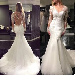 2021 New Wedding Dresses V Neck Long SLeeves Lace Appliques Bridal Gowns Custom Made Button Back Sweep Train Mermaid Wedding Dress