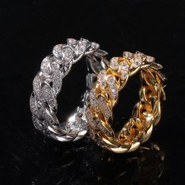 Hip Hop Zircon Cuban Chain Rings 8mm Gold Colour Fashion Mens Ring CZ Crystal Link Band Ring Punk Finger Ring for Men Women Vintage Jewellery