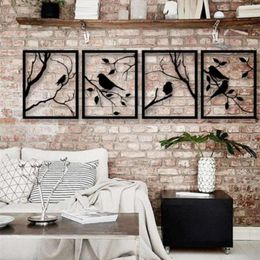 Bird And Tree Design Wall Decor Picture 4PCS Set Black Wood Laser Cut Sticker Ornament Painting Home Office Room Luxury Design 210929