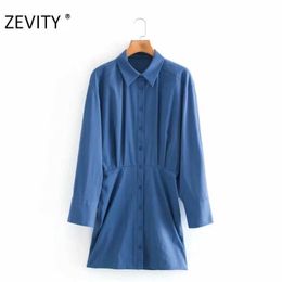 ZEVITY women fashion solid color pleats breasted slim shirt dress office lady long sleeve business vestido chic dresses DS4442 210603