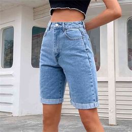 Casual High Waist Straight Jeans Shorts Summer Pockets Loose Female Blue Denim Ladies Street Bottoms 210714