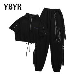 Women's Cargo Pants Two Piece Sets Harajuku T shirt Tops Buckle Ribbon Pocket Jogger Elastic Waist Pant Chain Streetwear Females 210915