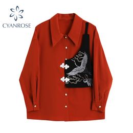 Autumn Long Sleeve Patchwork Blouse Women Korean Casual Fashion Turn Down Collar Loose Streetwear Red Shirt Blusas Female Tops 210225