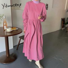 Yitimuceng Midi Dresses for Women Oversize Ruched Korean Fashion Dress Office Lady Long Sleeve Black Pink Autumn Spring 210601