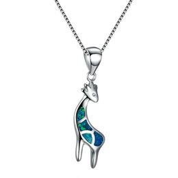 silver elk UK - Pendant Necklaces Fashion Vintage Silver Color Blue Fire Opal Elk Necklace Hip Hop Giraffe Deer Animal Chain Boho Choker Jewelry
