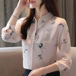 Blusas Mujer De Moda Turn Down Collar Office Ladies Tops Long Sleeve Pink Print Chiffon Blouse Womens Tops And Blouses B925 210602