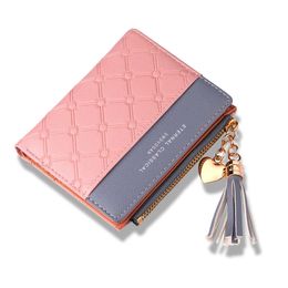 Women Short Stitching Contrast Colour Tassel Zipper Wallet
