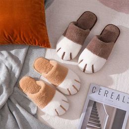 Winter Indoor Ladies Cotton Shoe Cute Cartoon Cat Paw Men Women Lovers Furry Slides Plus Velvet Warm Soft Bottom Female Slippers 211223