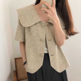 Temperament Retro Khaki Short-sleeved Large Lapel Jacket Women Summer Casual Loose Wild Tops Crop Coat Fashion Korean 210610