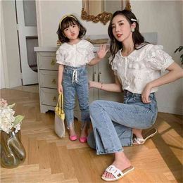 summer short sleeved shirt lace double collar top parent-child wear mommy and me clothes 210702