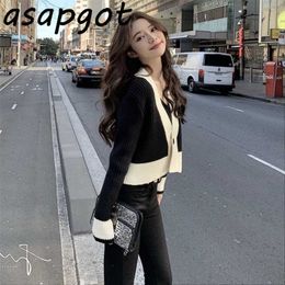 Sweaters&Jumpers Thin V Neck One Button Short Cardigan Long Sleeve Tops Wild Casual Knitted Jacket Contrast Retro Chic 211011
