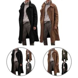Men's Trench Coats Polyester Stylish Fine Workmanship Long Peacoat Solid Color Men Double Breasted For Cold Weather