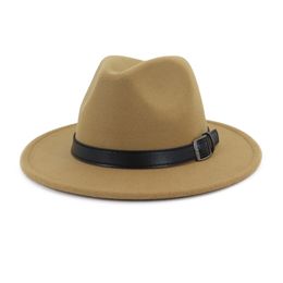 Fashion Unisex artificial wool Women's wide-brim Belt Fedora Hat For Laday Men Panama Cap With Feathe Headband Jazz Church Hat