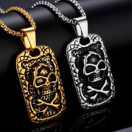 Pendant Necklaces Hip Hop Rock Pirate Skull Necklace Gold Silver Colour Stainless Steel Square Pendants Dog Tag For Men Jewerly