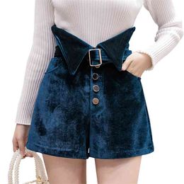 S-2XL Velvet Belted Shorts Women Fashion Streetwear Plus Size Single-Breasted High Waist Pocket Black 210601