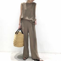 Two Piece Sets Women 2ps Vest Sleeveless Wide Leg Pants Chiffon Solid Color Light Coffee Fashion Casual Japanese Style 2021 New Y0625