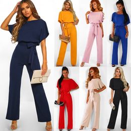 Elegant O Neck Casual Jumpsuits Summer Red 3XL Plus Size Loose Women Bandage Long Overalls High Waist Straight Office Wears 210317
