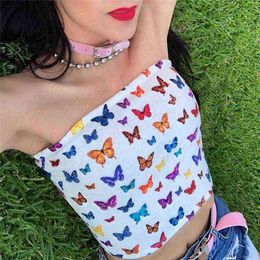 Summer Strapless Tube Tops Women Sexy Women Print Tube Top Sleeveless Crop Top Lady Bandeau 3D Butterfly Tops Y220304