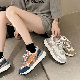 Dress Shoes Korean Style Orange Fashion For Women Chunky Sneakers Female Outdoor Mixed Colour Lace Up Casual Comfortable Blue