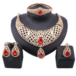 Exquisite Dubai Gold Colour Gem Crystal Necklace Earring Jewellery Set Nigerian Wedding Woman Accessories Costume Jewellry Sets